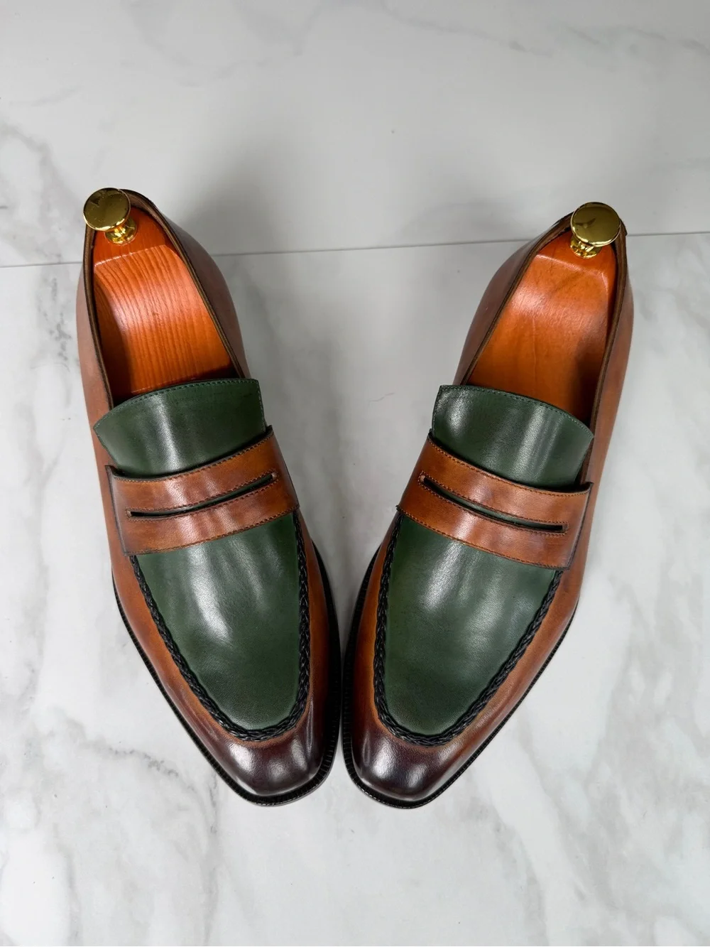 Men's Green and Brown Leather Penny Loafers
